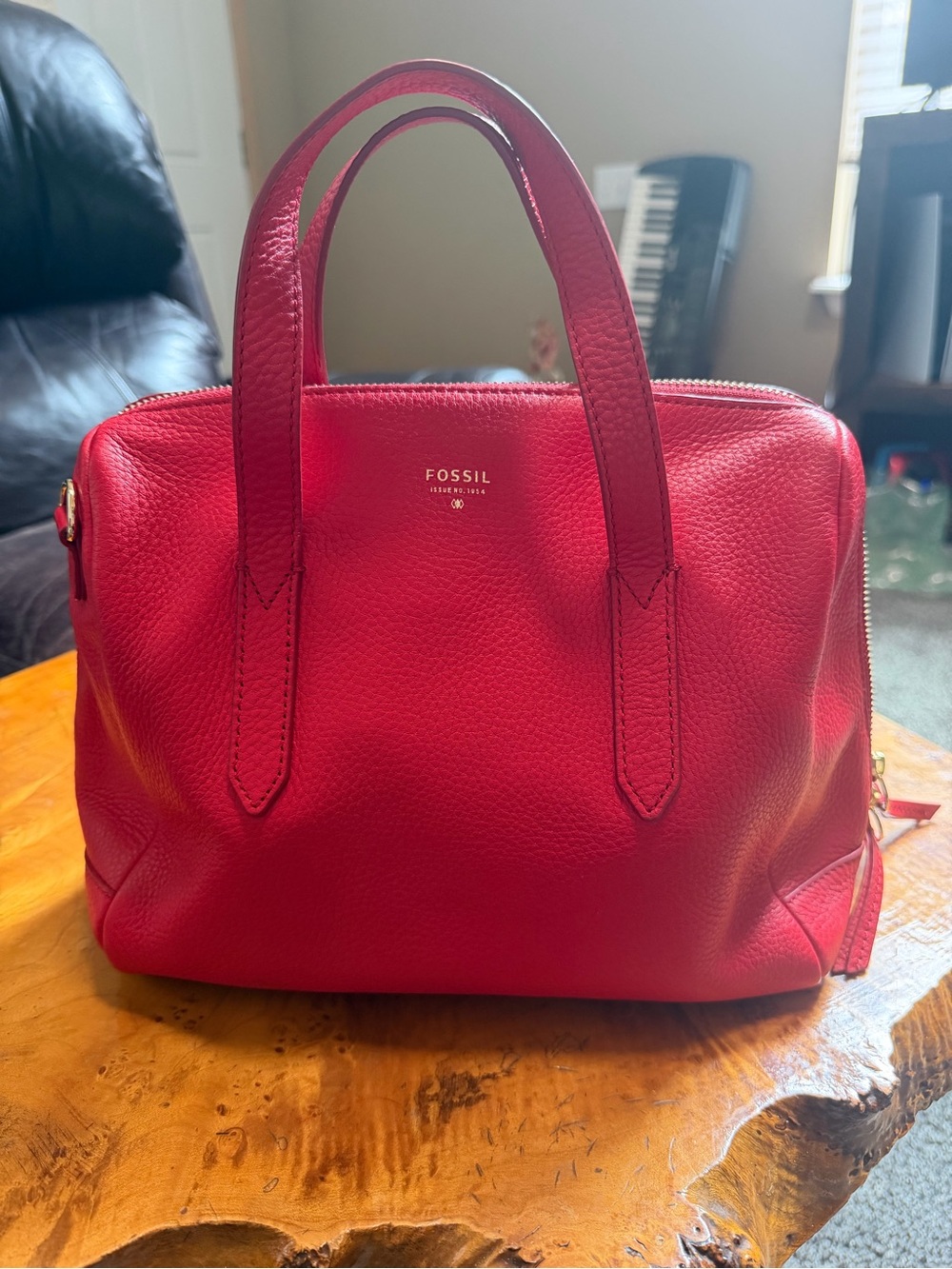 Fossil Sydney Satchel Bag in Claret Red Pebbled Cowhide Leather, Medium Size
